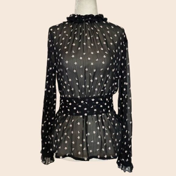 Zara Black & White Floral Embroidered Sheer High Neck Long Sleeve Top Size XS - Picture 5 of 13